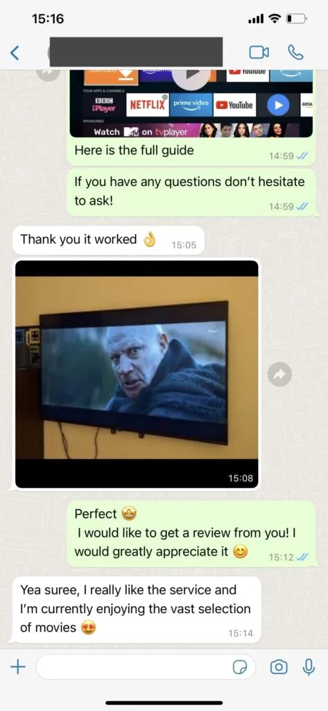 Hypo TV WhatsApp Customer Support Confirmation