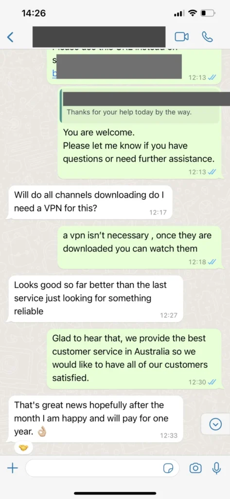 Hypo TV WhatsApp Customer Support Confirmation